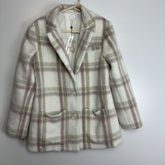 NWT For Love And Lemons Sz Small Cream Purple Plaid Pea Coat Oversized - Picture 2 of 12